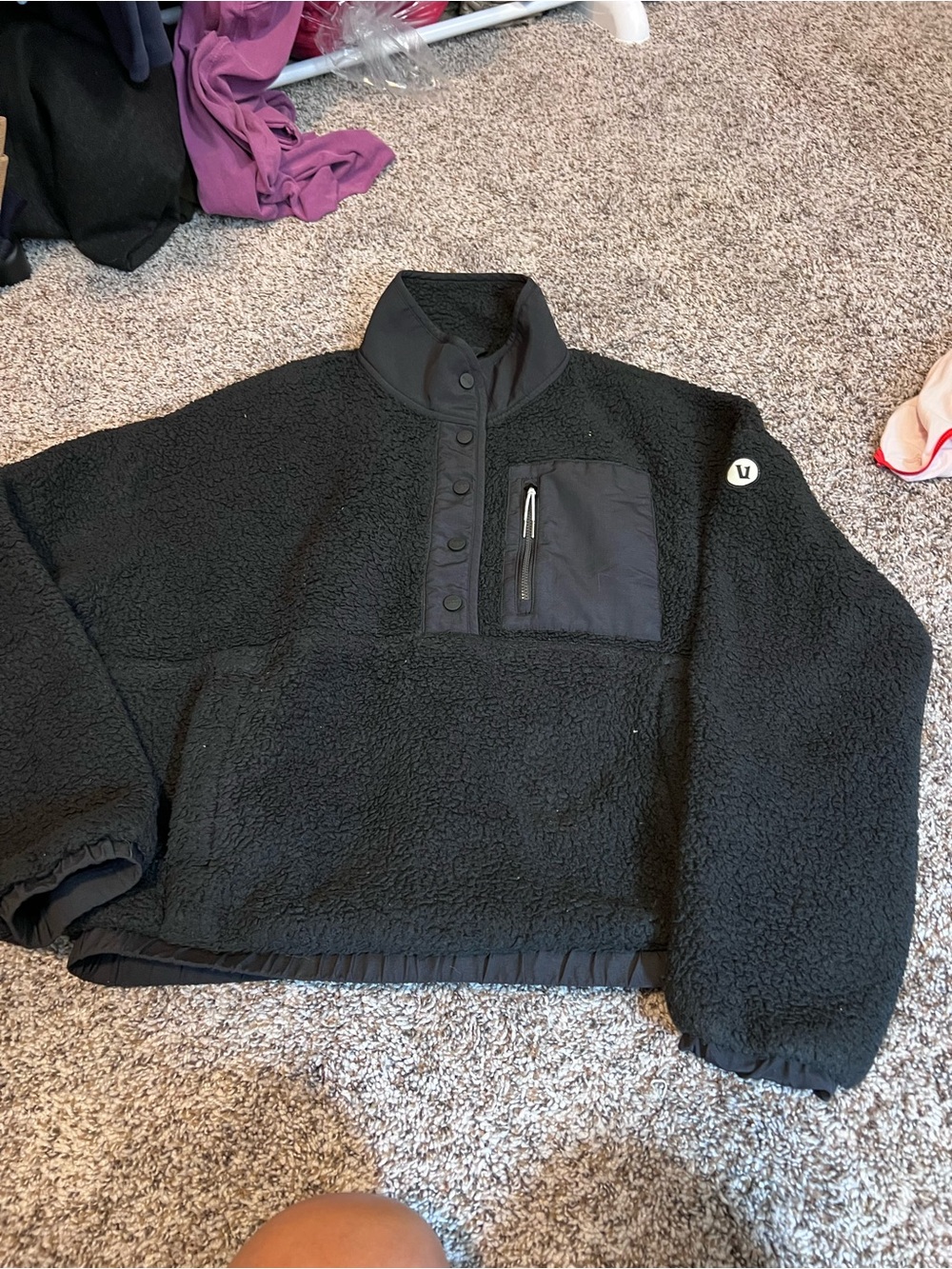 Vuori Black Sherpa Snap-Up Pullover with Chest Pocket